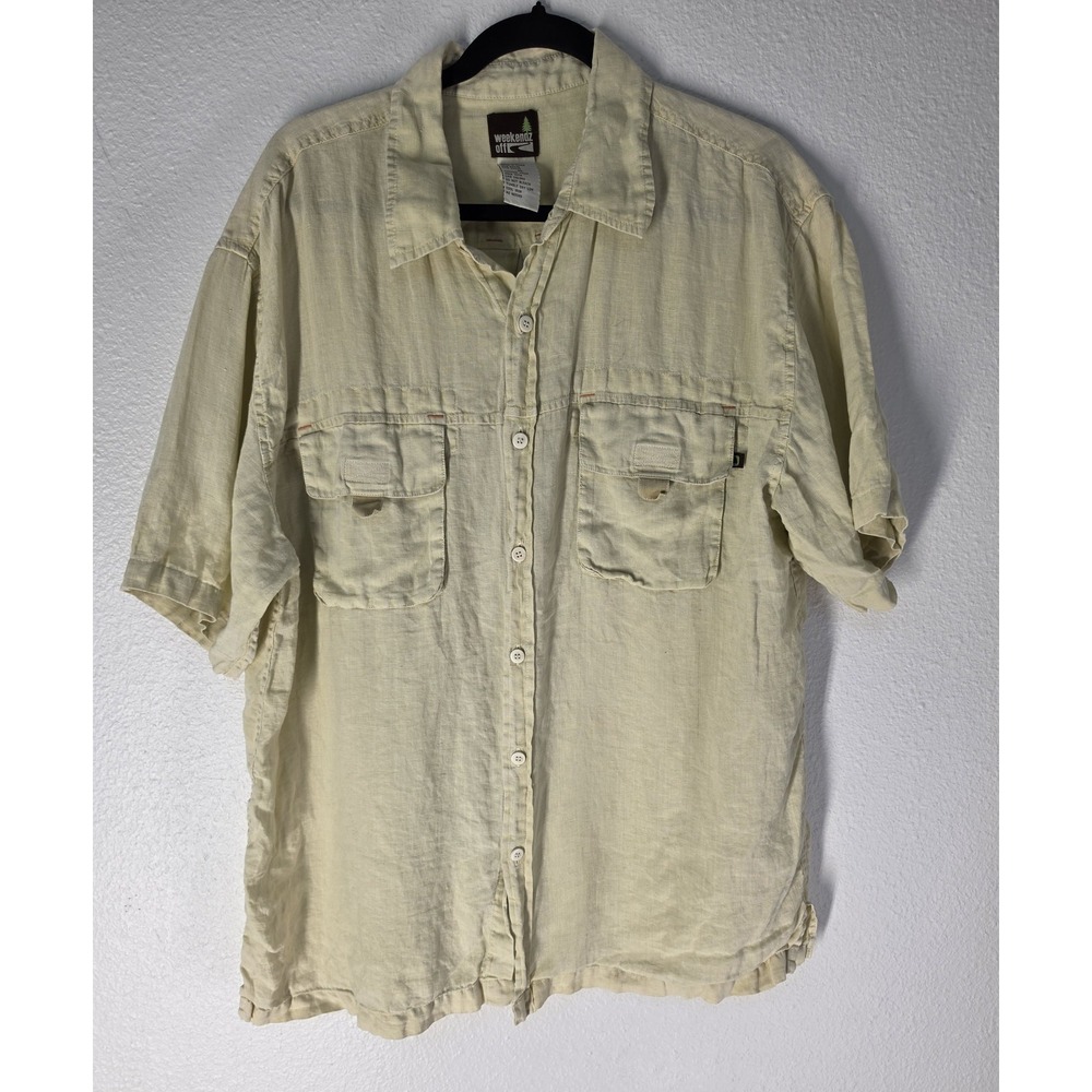 Weekendz Off Linen Shirt Men XL Light Yellow Collared Short Sleeve Casual Top